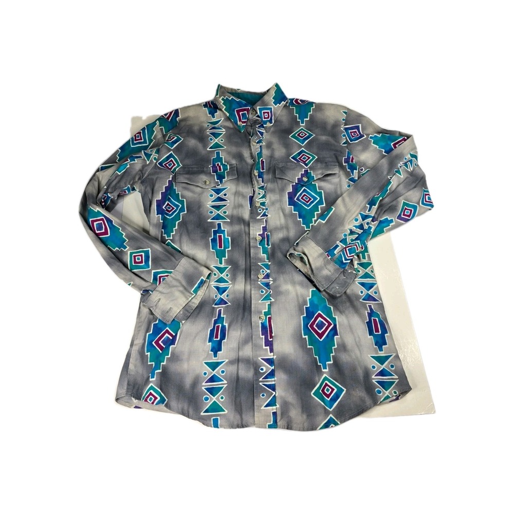 Men's Grey Aztec Print Button-Up Shirt - Teal & Purple Accents